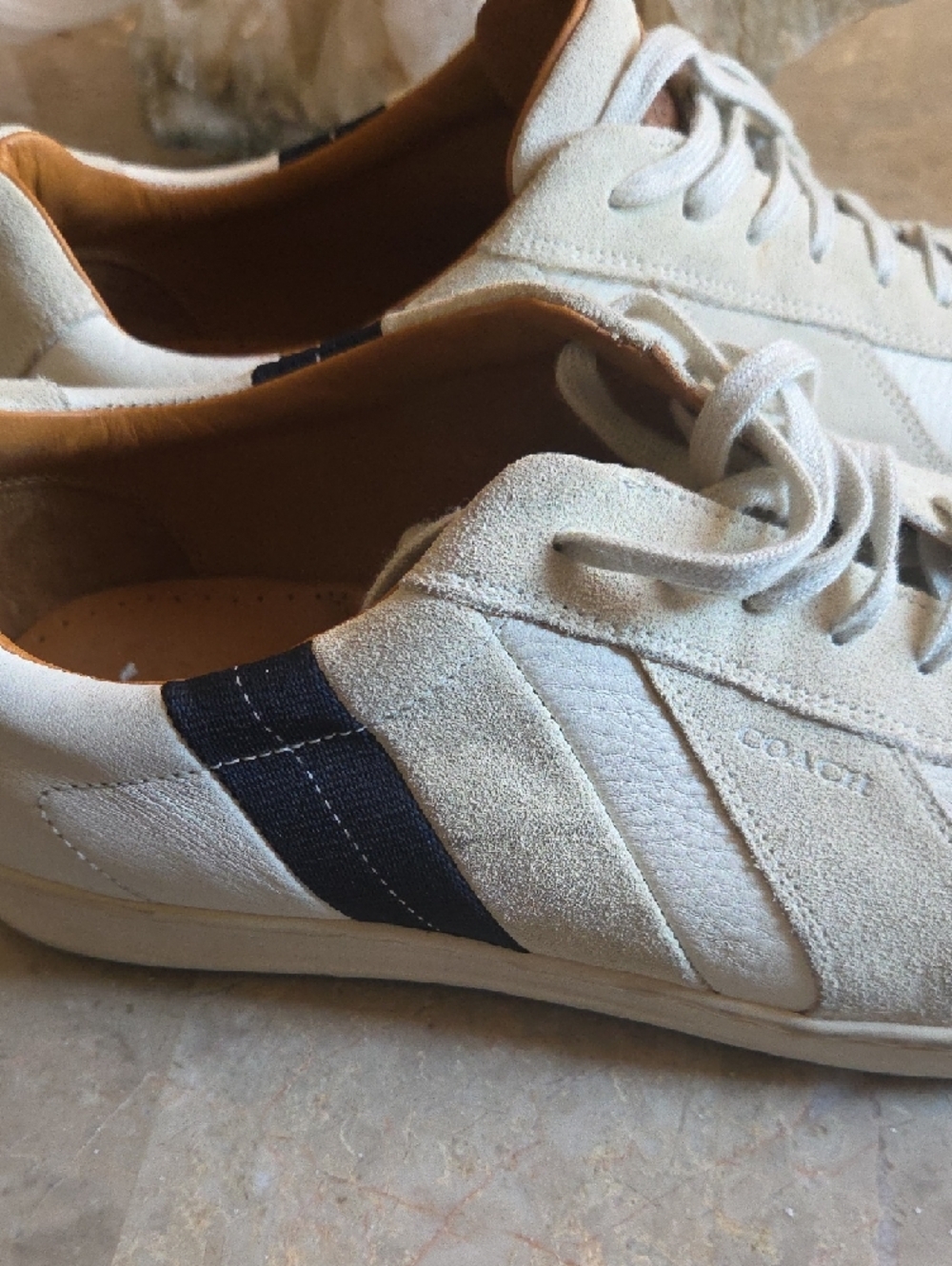 Coach Men’s Cream Suede & Leather Sneakers with Navy Stripe - Picture 7 of 8